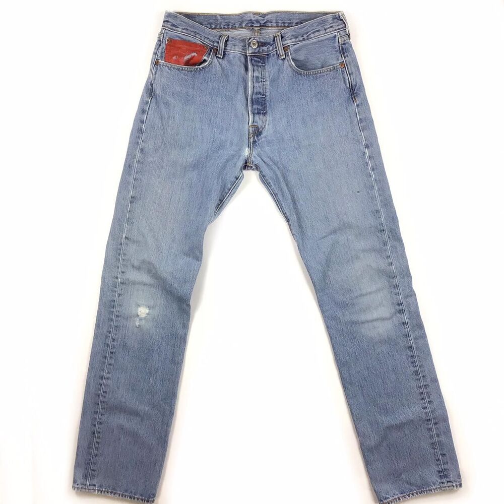 Levi's 501 32 x 34 embellished red pockets faded boho distressed festival button